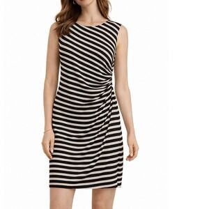 LOFT Dress Women's Small Black Cream Striped Ruched Sleeveless Sheath